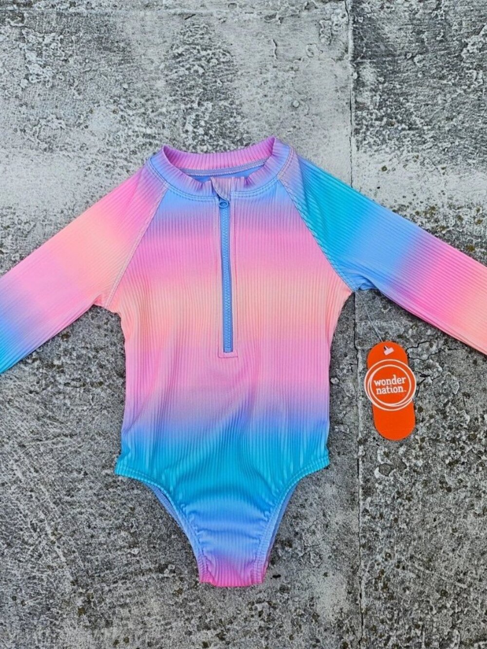 Wonder Nation Kids Girl Swim Suit Pink/Blue One Peice Long Sleeve Zip Size 2T
